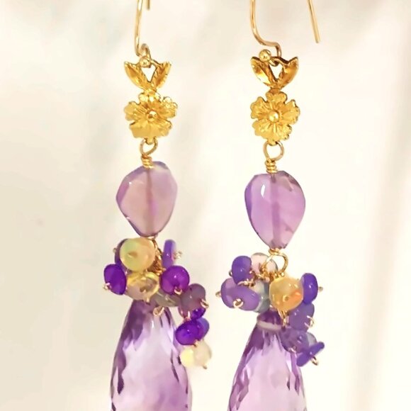14K Gold Pink Amethyst Opal Gemstone Briolette Earrings - Picture 4 of 7